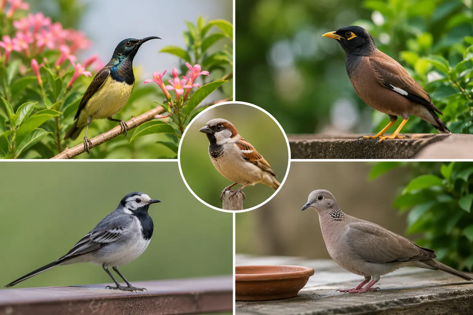 Colourful birds in a garden collage
