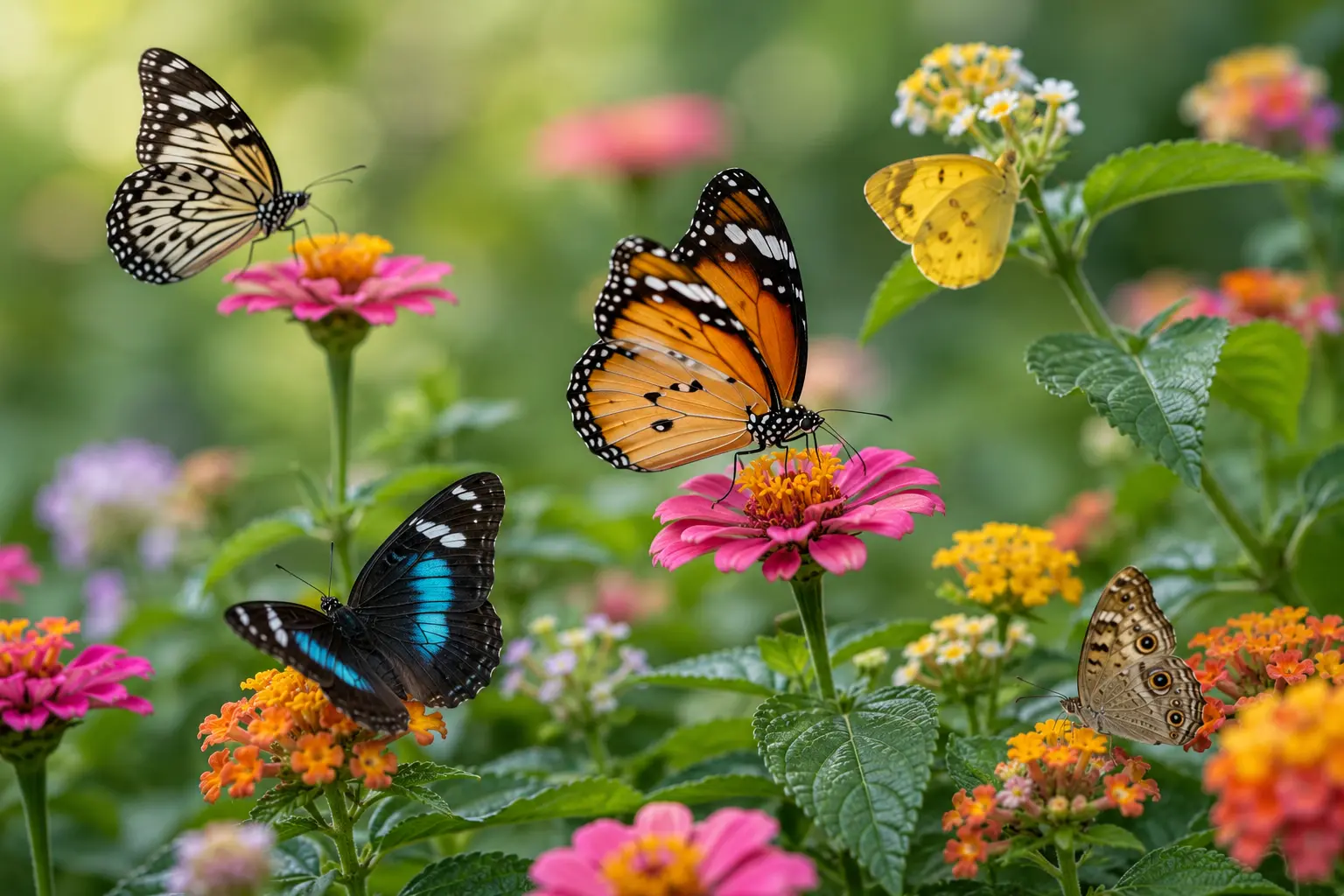 Sunny garden with butterflies and blooms